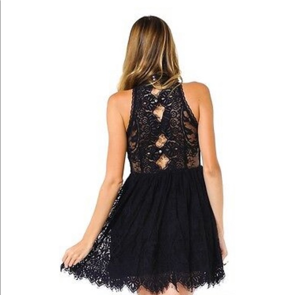 Free People high neck open back black lace dress - Picture 2 of 3